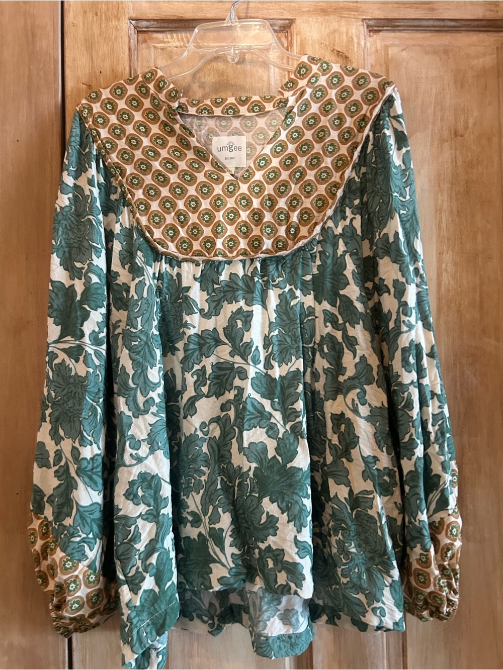 Umgee Teal and Cream Floral Tunic with Patterned Contrast Yoke